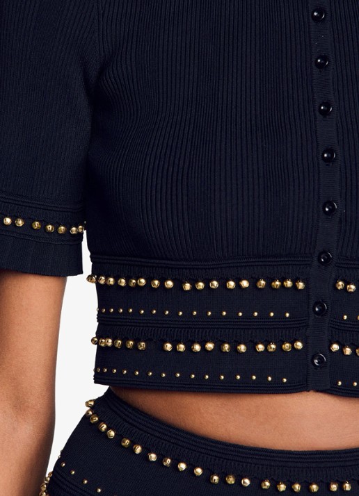 Sandro Fijngebreide crop top met kralendecoratie - detail 6 zwart