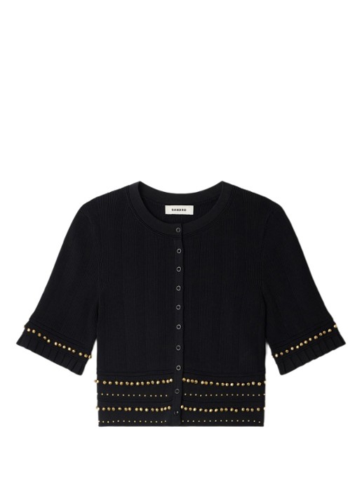 Sandro Fijngebreide crop top met kralendecoratie - voorkant zwart
