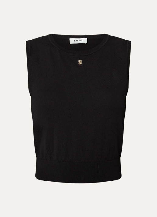 Sandro Fijngebreide crop top met logo - voorkant 2 zwart