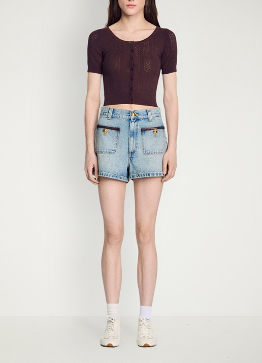 Sandro Fijngebreide crop top met opengewerkt dessin en knoopdetail - detail 3 bruin