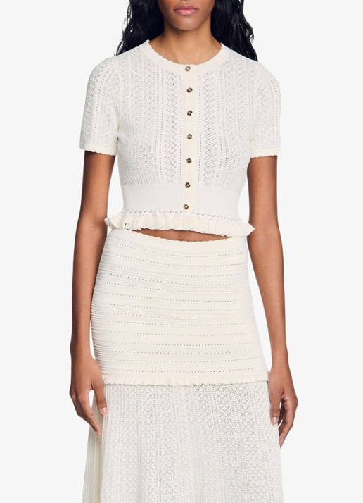Sandro Fijngebreide crop top met opengewerkt dessin en knoopdetail