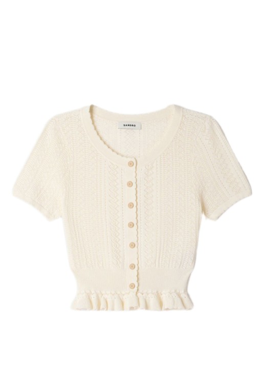 Sandro Fijngebreide crop top met opengewerkt dessin en knoopdetail - voorkant 5 beige