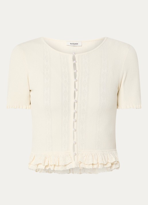 Sandro Fijngebreide crop top met ruches - voorkant gebroken wit