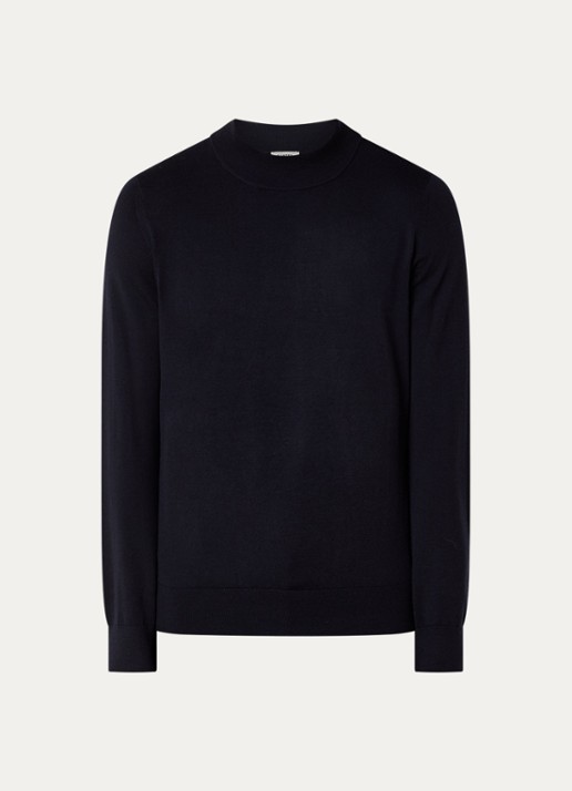 Sandro Fijngebreide pullover van wol met opstaande kraag - voorkant donkerblauw