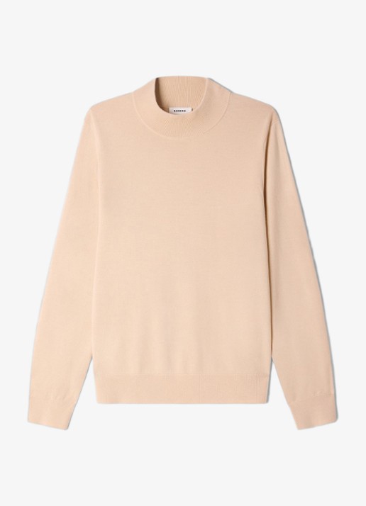 Sandro Fijngebreide pullover van wol met opstaande kraag - voorkant beige