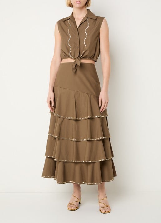 Sandro Gelaagde midi rok met strass - voorkant 3 bruin