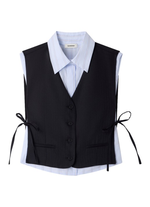 Sandro Gilet in wolblend met krijtstreep - voorkant blauw