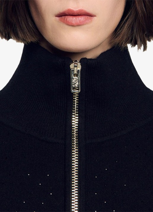 Sandro Grofgebreid vest met strass - detail 3 black / zwart