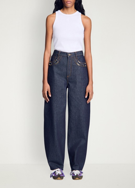 Sandro High waist barrel jeans met donkere wassing en decoratie - detail 4 indigo