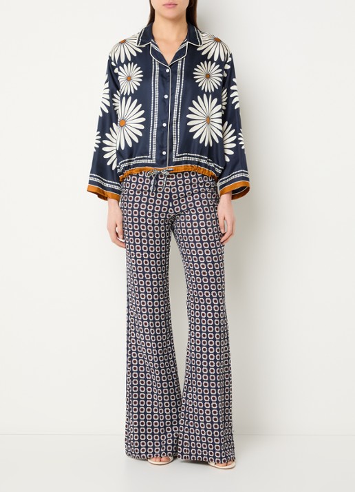 Sandro High waist flared fit broek in linnenblend met bloemenprint - voorkant 3 donkerblauw