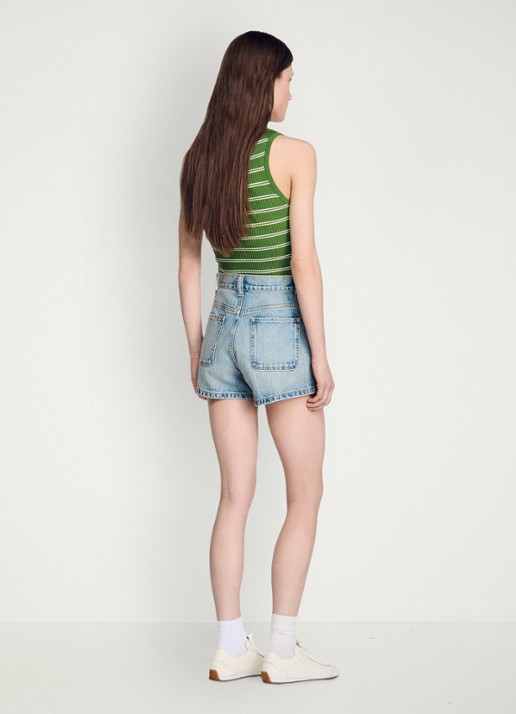 Sandro High waist korte breoek van denim met opgestikte zakken - achterkant blue jean / blauw