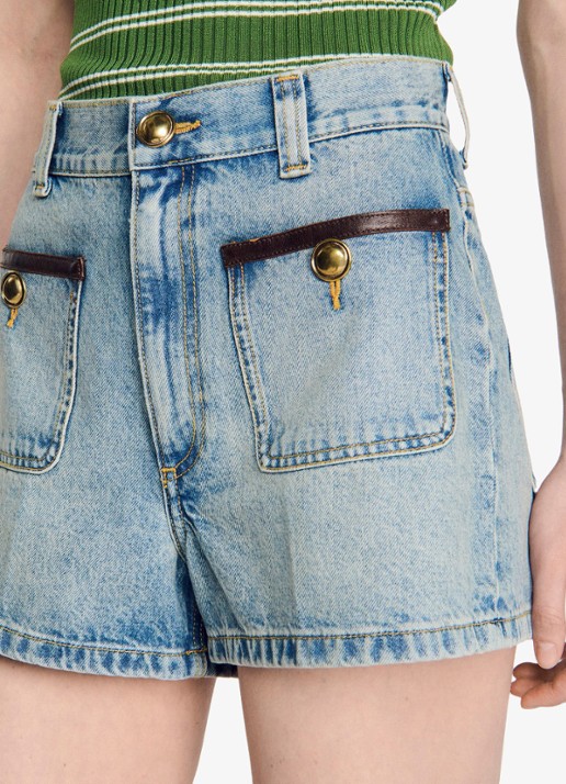 Sandro High waist korte breoek van denim met opgestikte zakken - detail 4 blue jean / blauw