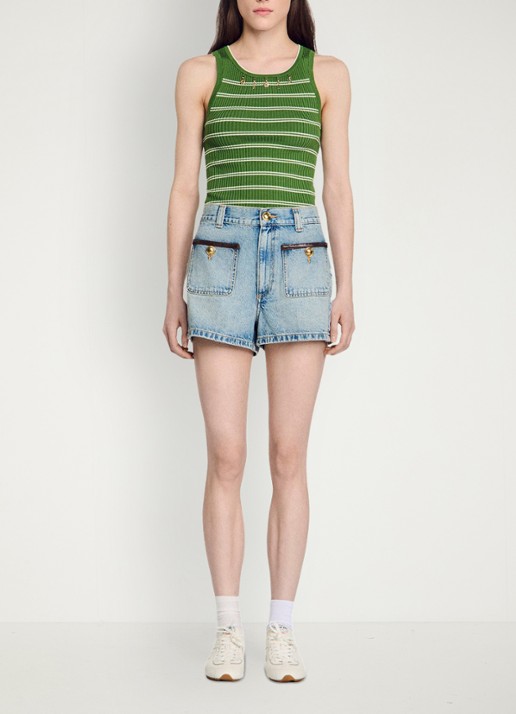 Sandro High waist korte breoek van denim met opgestikte zakken - detail 5 blue jean / blauw