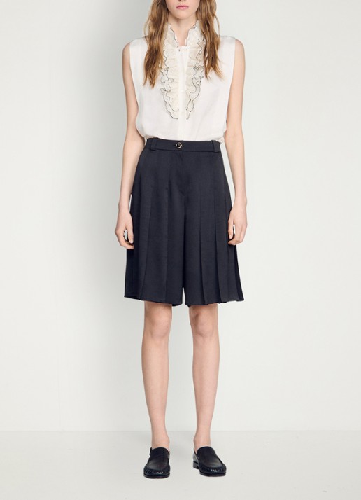 Sandro High waist loose fit korte broek met plooien - detail 6 black / zwart