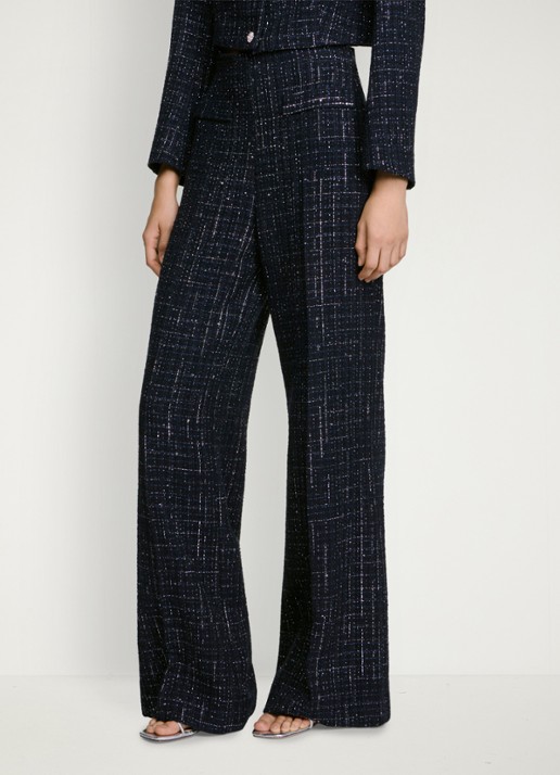 Sandro High waist loose fit pantalon van tweed - detail 5 donkerblauw