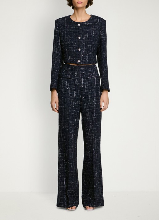 Sandro High waist loose fit pantalon van tweed - voorkant donkerblauw