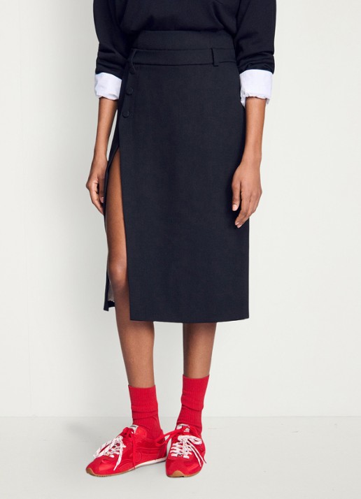 Sandro High waist midi rok van wol met split