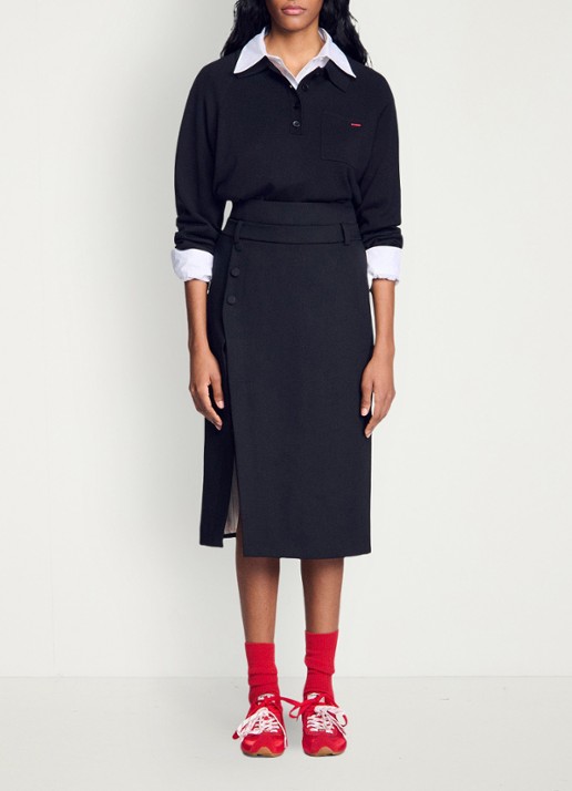Sandro High waist midi rok van wol met split - detail 4 zwart