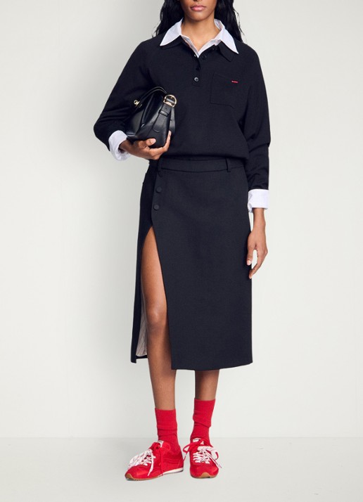 Sandro High waist midi rok van wol met split - voorkant 2 zwart