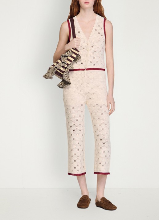 Sandro High waist straight fit broek van crochet - voorkant 7 beige