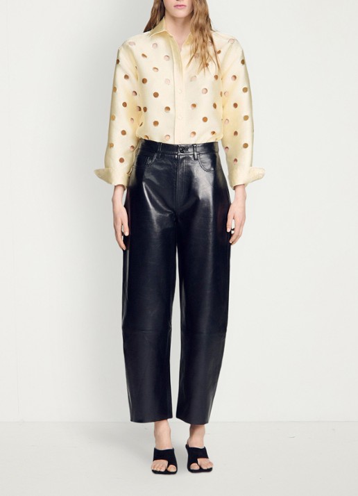 Sandro High waist straight fit broek van lamsleer - detail 2 zwart