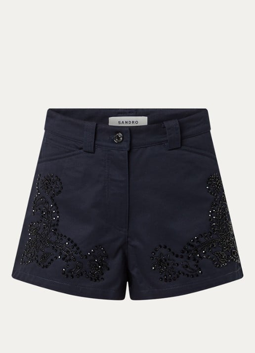 Sandro High waist straight fit korte broek met strass - voorkant donkerblauw
