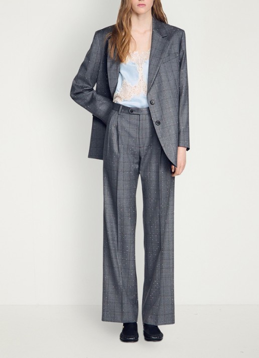 Sandro High waist straight fit pantalon met ruit dessin - voorkant 2 dark grey / grijs