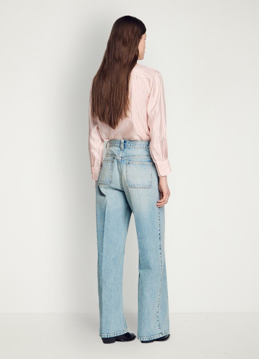 Sandro High waist straight leg broek van denim met lichte wassing en opgestikte zakken - achterkant 7 blue jean / blauw