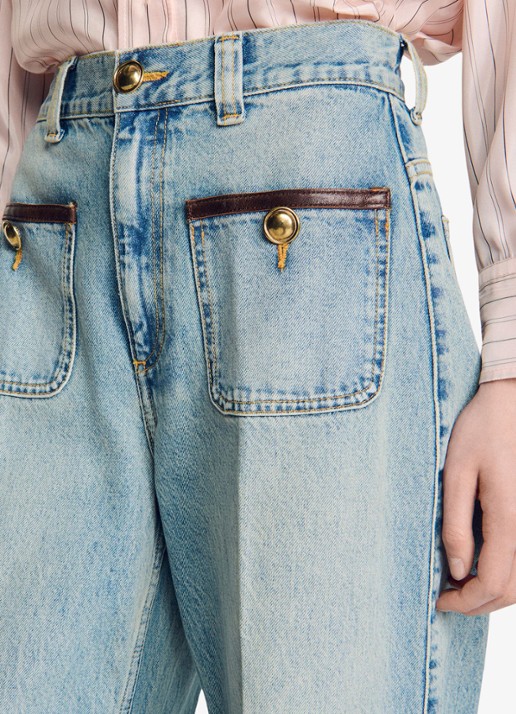 Sandro High waist straight leg broek van denim met lichte wassing en opgestikte zakken - detail 3 blue jean / blauw