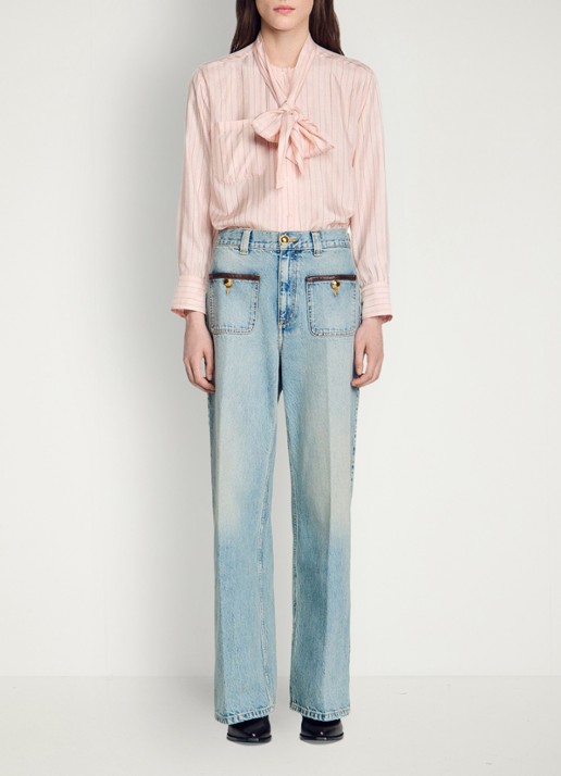 Sandro High waist straight leg broek van denim met lichte wassing en opgestikte zakken - detail 4 blue jean / blauw