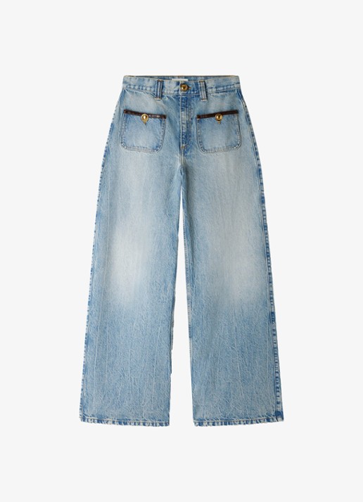 Sandro High waist straight leg broek van denim met lichte wassing en opgestikte zakken - voorkant 5 blue jean / blauw