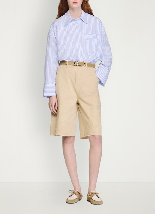 Sandro High waist wide fit korte broek van denim met bloem detail - voorkant 6 beige