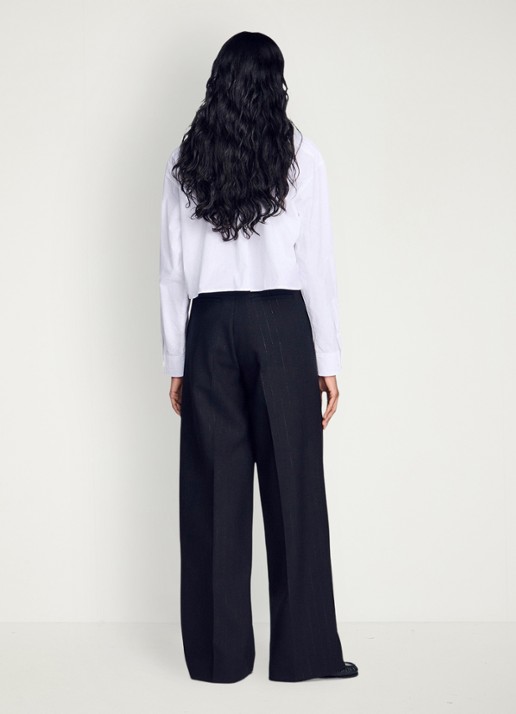 Sandro High waist wide fit pantalon in wolblend met krijtstreep - achterkant 6 zwart