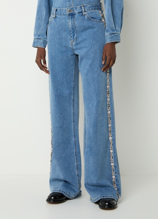 Sandro High waist wide leg jeans met medium wassing en strass - detail 4 indigo