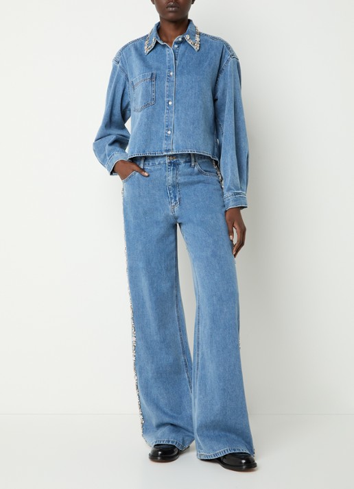 Sandro High waist wide leg jeans met medium wassing en strass - voorkant 2 indigo