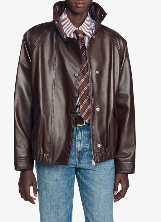 Sandro Jack van lamsleer met opstaande kraag - detail 6 brown / bruin