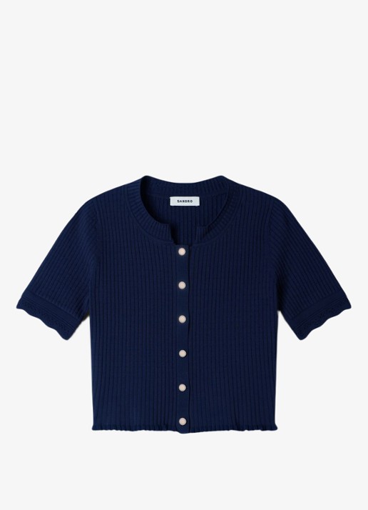 Sandro Kort gebreid vest met pointelle-details - voorkant blauw