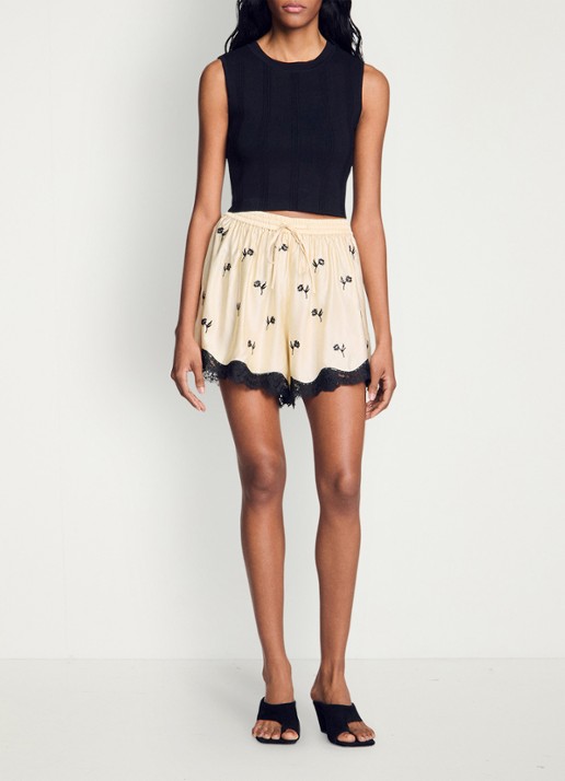 Sandro Loose fit korte broek met print en details van kant - voorkant 5 vanilla / beige
