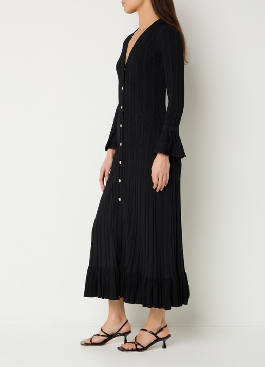 Sandro Maxi jurk met ribstructuur en V-hals - voorkant 2 zwart