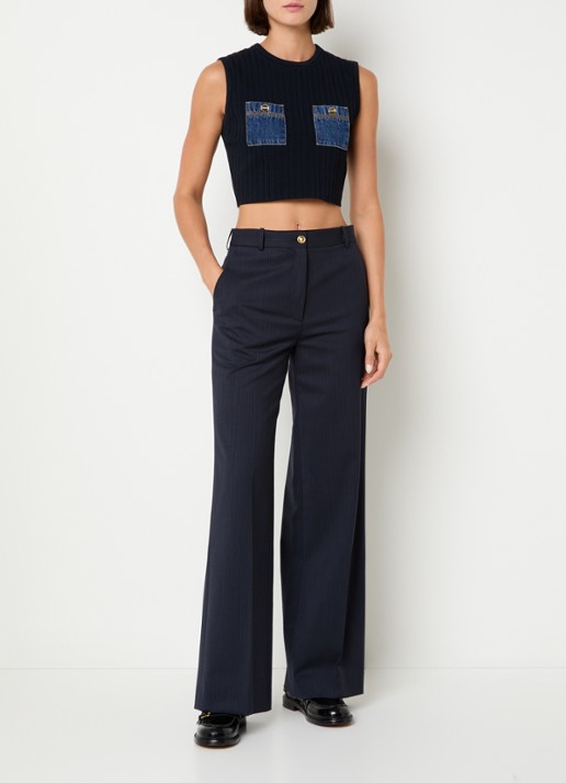 Sandro Mid waist loose fit pantalon in wolblend met streepprint - voorkant 4 donkerblauw