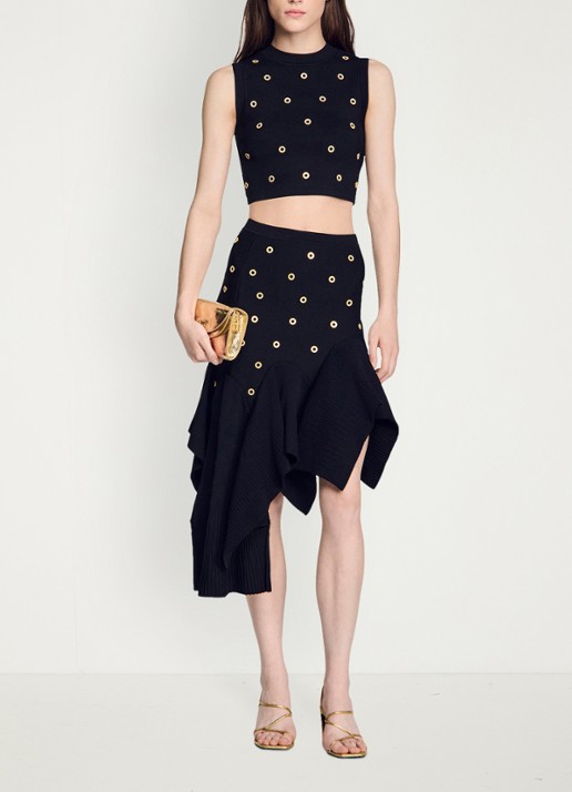 Sandro Midi asymmetrische rok met applicatie - voorkant 2 zwart
