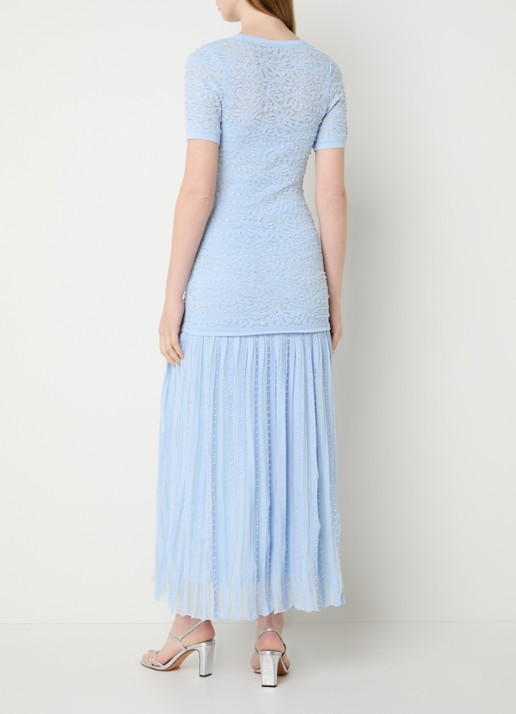 Sandro Midi blousejurk met imitatieparels en broderie - achterkant lichtblauw