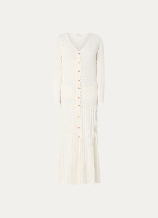 Sandro Midi jurk met opengewerkt dessin - voorkant creme