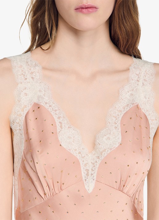 Sandro Midi jurk met pailletten en details van kant - detail 5 oudroze