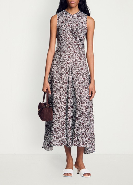 Sandro Midi jurk met ronde hals en bloemenprint - voorkant 2 bruin