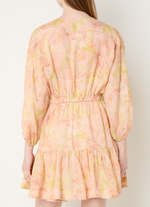 Sandro Mini jurk in linnenblend met print en ballonmouw - achterkant 3 zalmroze