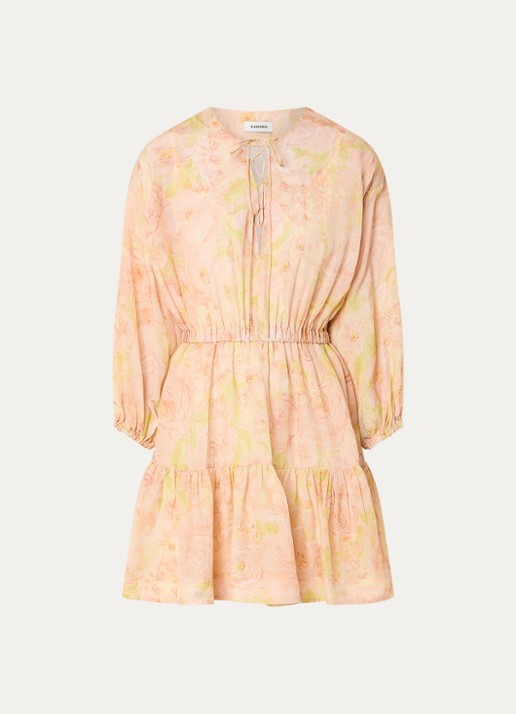 Sandro Mini jurk in linnenblend met print en ballonmouw - voorkant zalmroze