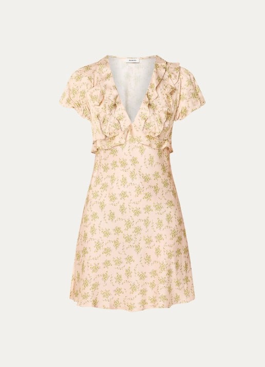 Sandro Mini jurk met bloemenprint en ruches - voorkant lichtroze