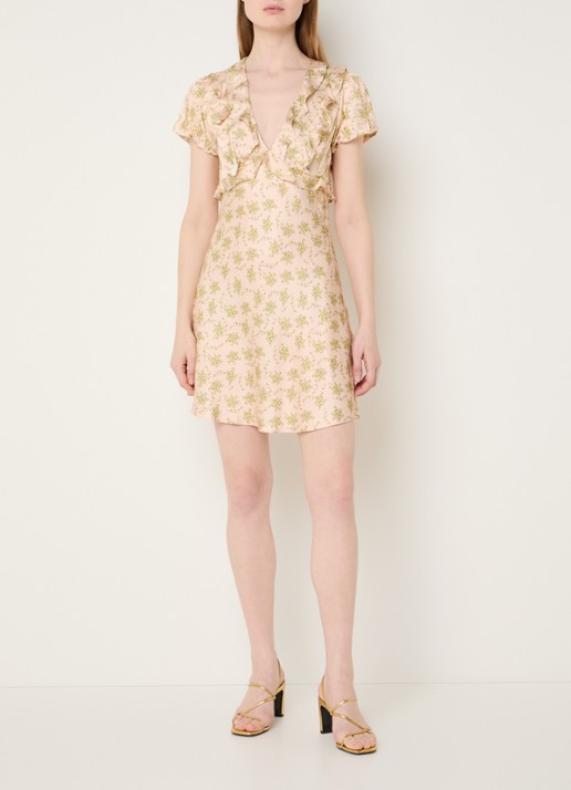 Sandro Mini jurk met bloemenprint en ruches - voorkant 2 lichtroze