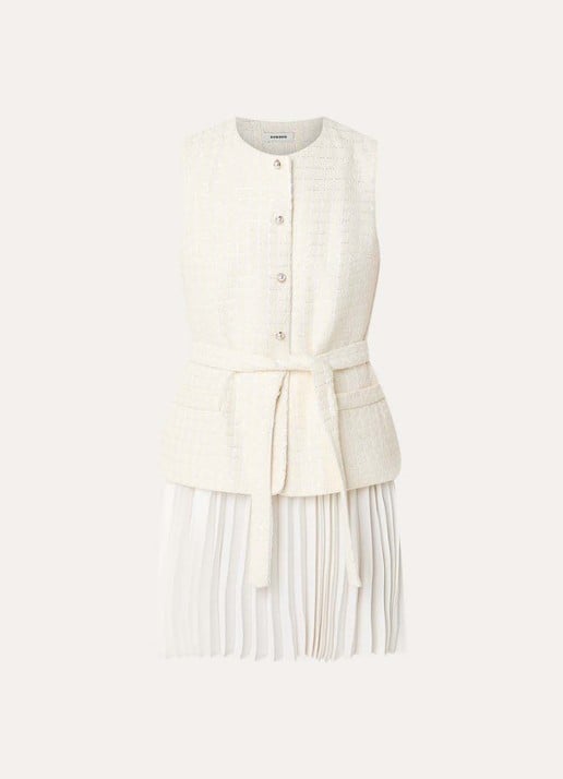 Sandro Mini jurk met pailletten en ceintuur - voorkant creme